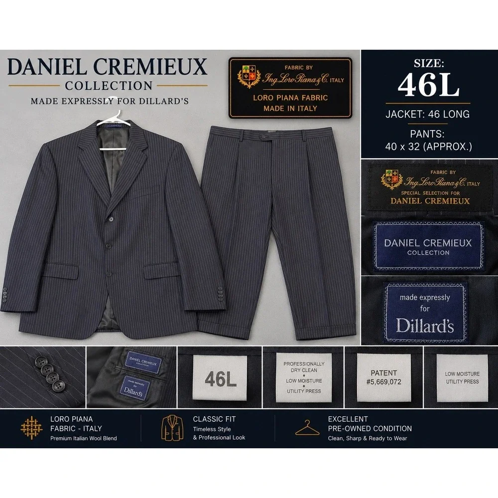 Daniel Cremieux Collection Mens 2-Piece Pinstripe Suit 46L Loro Piana Italy Wool